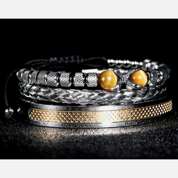 Unisex 3 pc SS Symmetrical Claw Bracelet Set Beaded Golden - Picture 4 of 5